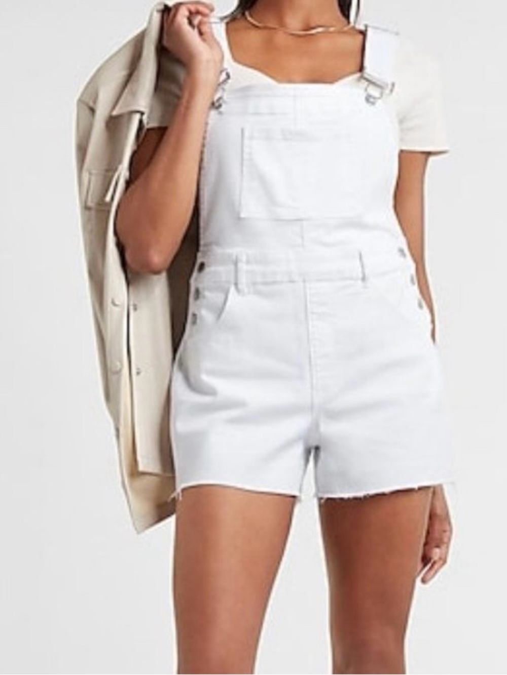 Women’s White Denim Short Overalls - Comfortable Summer Style Express, Small
